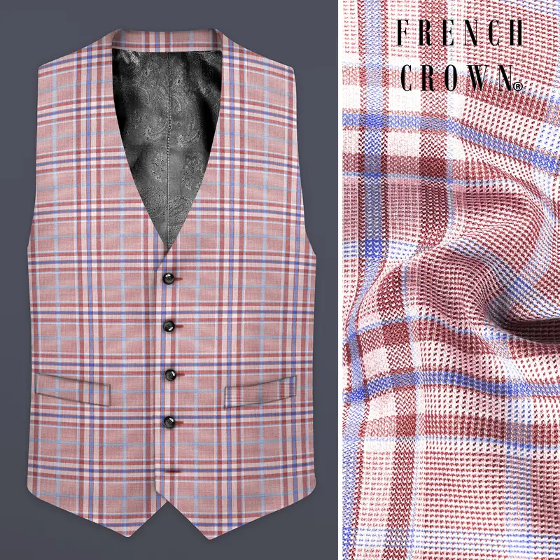 Turkish Rose Pink And Wild Blue Plaid Wool Rich Waistcoat 5
