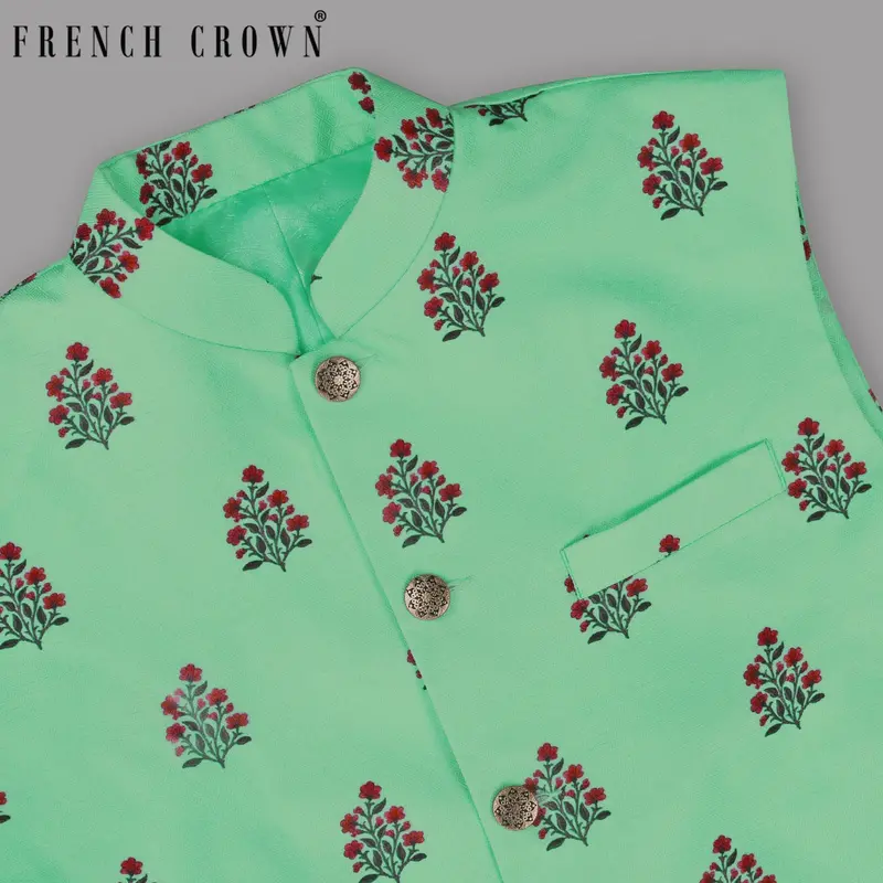 Turquois Flower Patterned And Subtle Textured Designer Nehru Jacket 1