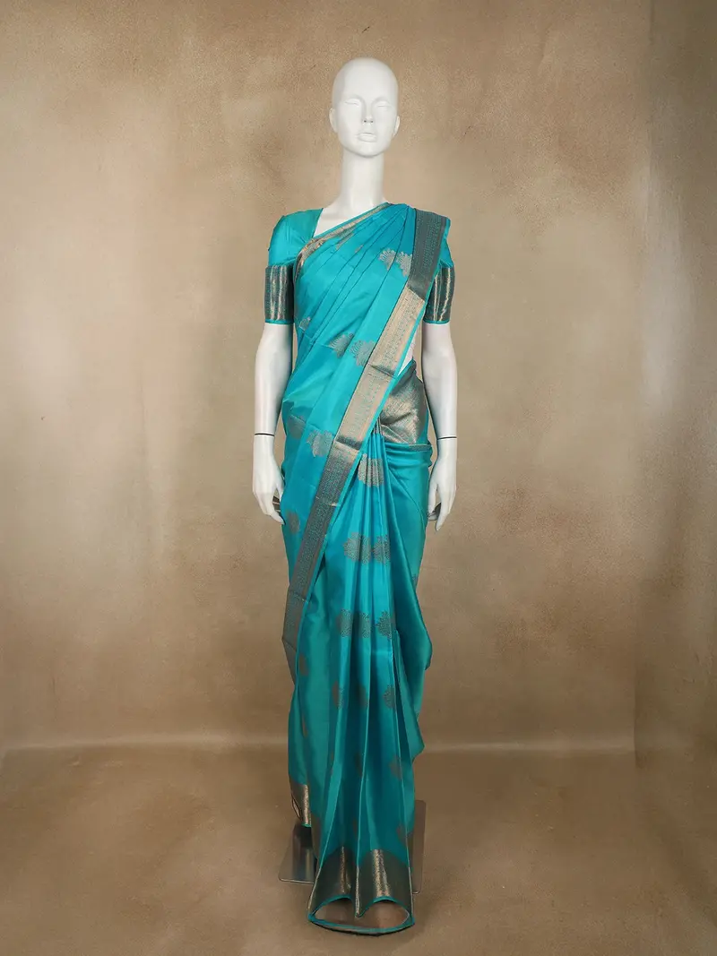 Turquoise Aqua Blue Floral Butta Zari Woven Design Pure Kanchipuram Silk Saree With Zari Border 1
