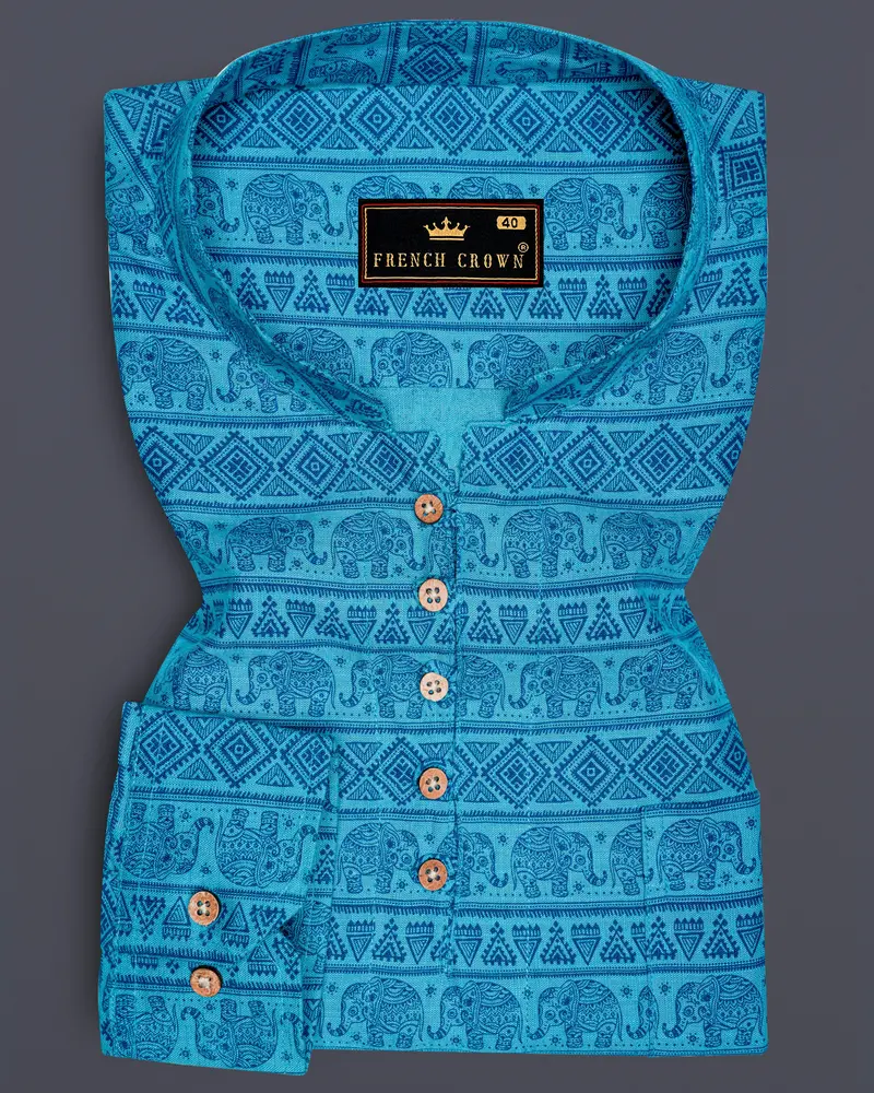 Turquoise Aqua Blue Tribal Printed Luxurious Linen Kurta Shirt 1