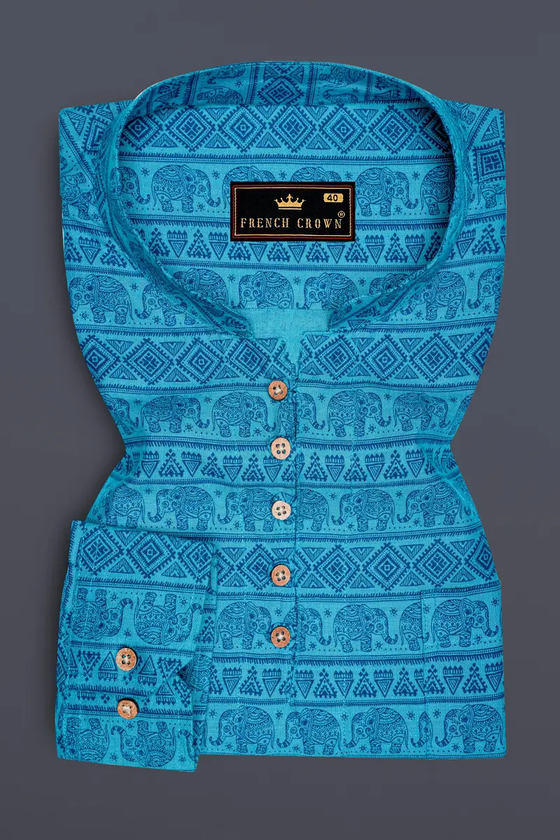 Turquoise Aqua Blue Tribal Printed Luxurious Linen Kurta Shirt 2