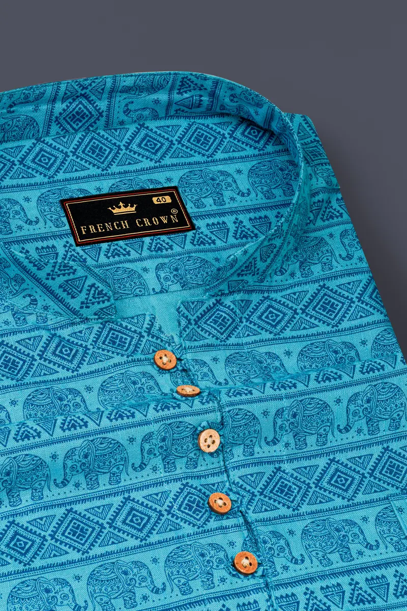 Turquoise Aqua Blue Tribal Printed Luxurious Linen Kurta Shirt 4