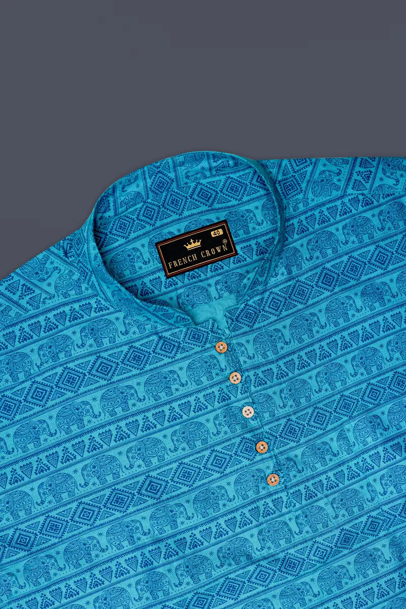Turquoise Aqua Blue Tribal Printed Luxurious Linen Kurta Shirt 5