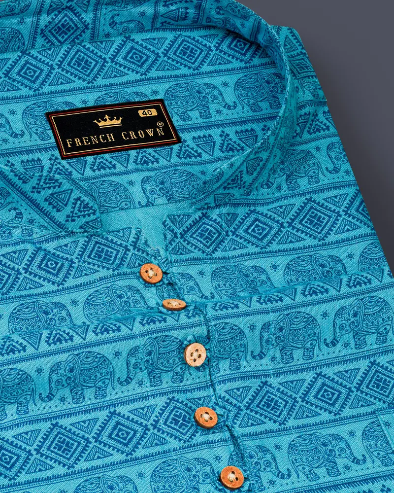 Turquoise Aqua Blue Tribal Printed Luxurious Linen Kurta Shirt 6