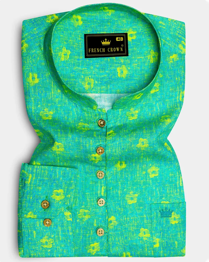 Turquoise Aqua Green Printed Luxurious Linen Kurta Shirt 1