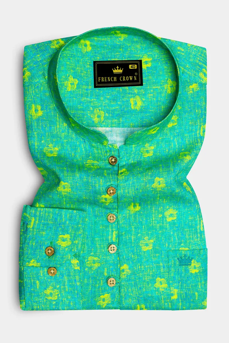Turquoise Aqua Green Printed Luxurious Linen Kurta Shirt 2
