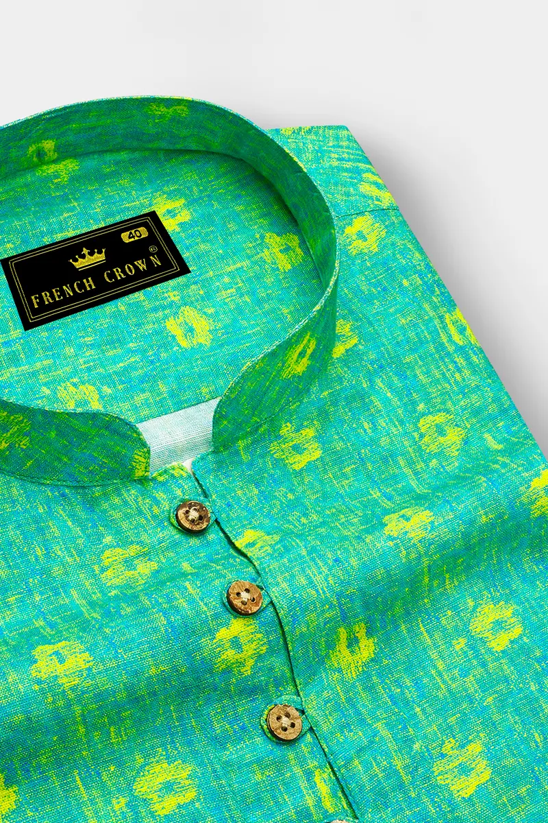 Turquoise Aqua Green Printed Luxurious Linen Kurta Shirt 4
