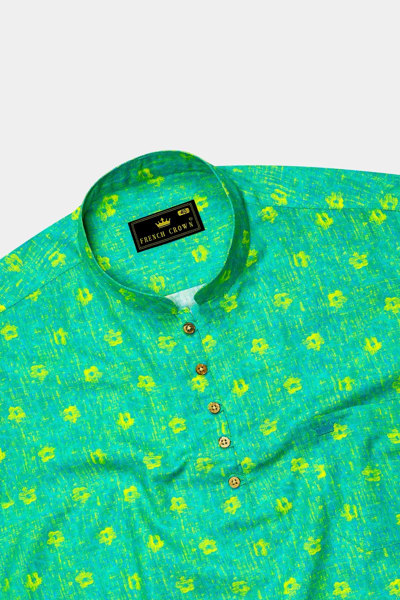 Turquoise Aqua Green Printed Luxurious Linen Kurta Shirt 5