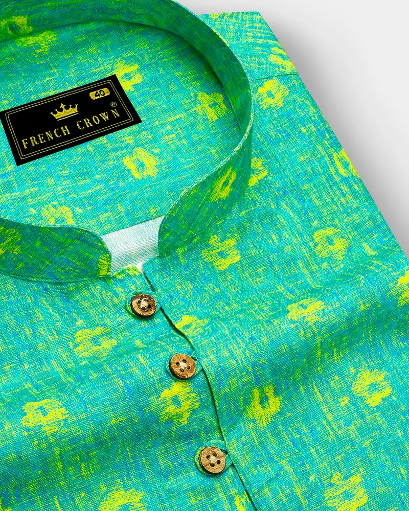 Turquoise Aqua Green Printed Luxurious Linen Kurta Shirt 6