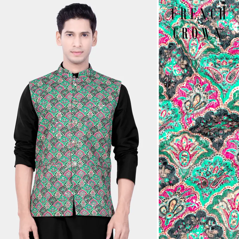 Turquoise Blue And Raspberry Pink Designer Thread Embroidered Nehru Jacket 1