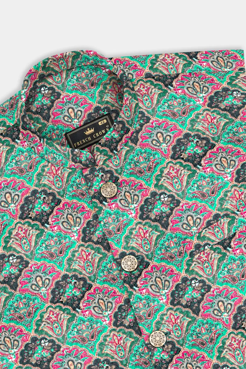 Turquoise Blue And Raspberry Pink Designer Thread Embroidered Nehru Jacket 10