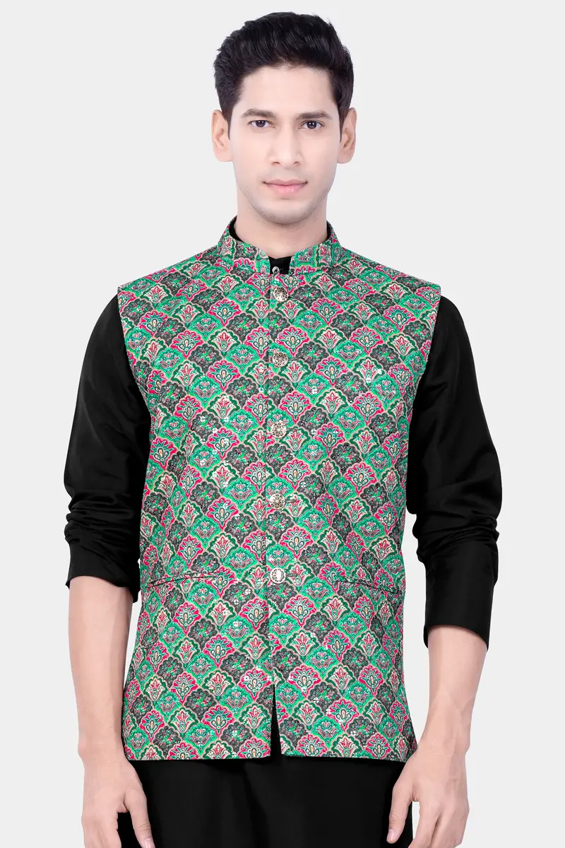 Turquoise Blue And Raspberry Pink Designer Thread Embroidered Nehru Jacket 2