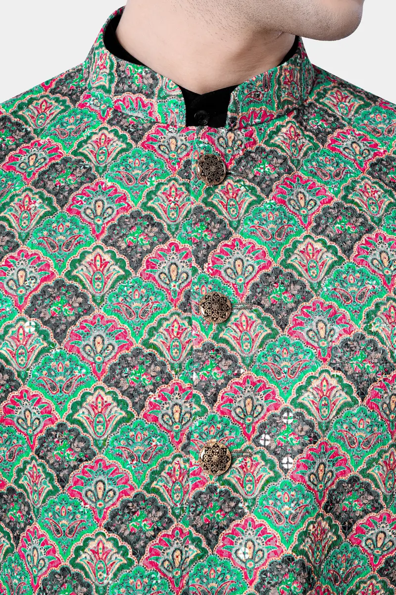 Turquoise Blue And Raspberry Pink Designer Thread Embroidered Nehru Jacket 4