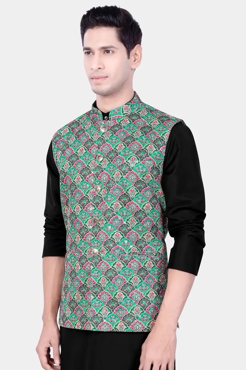 Turquoise Blue And Raspberry Pink Designer Thread Embroidered Nehru Jacket 5