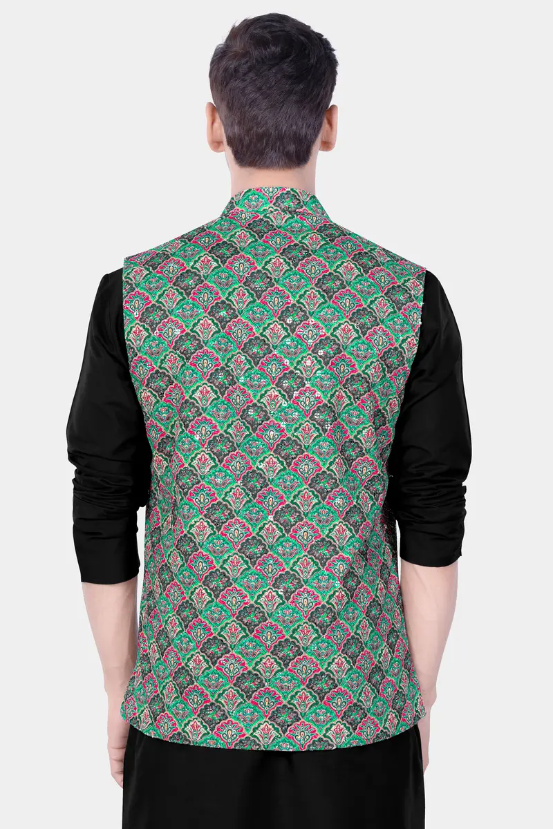 Turquoise Blue And Raspberry Pink Designer Thread Embroidered Nehru Jacket 6