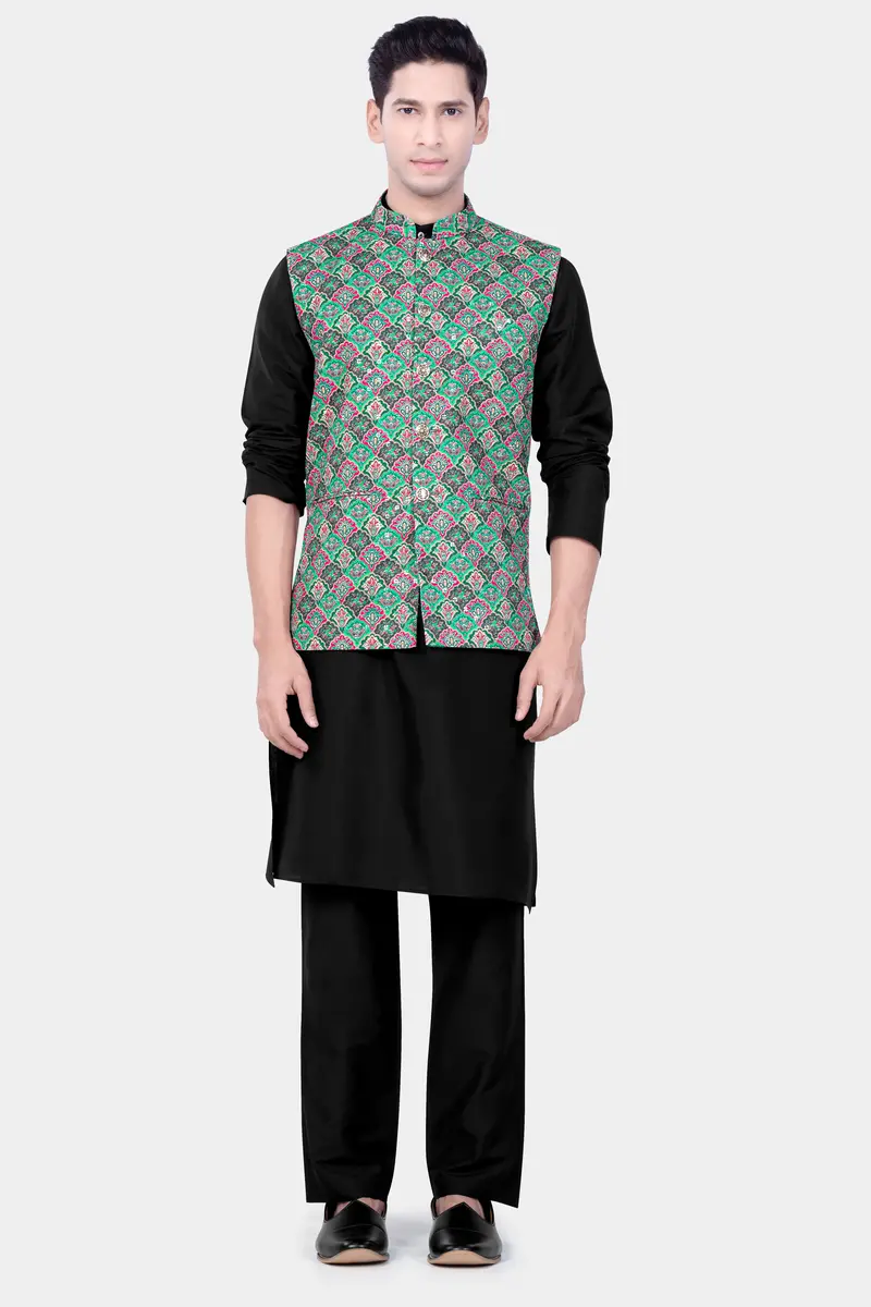 Turquoise Blue And Raspberry Pink Designer Thread Embroidered Nehru Jacket 7