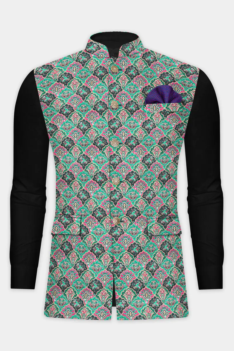 Turquoise Blue And Raspberry Pink Designer Thread Embroidered Nehru Jacket 8