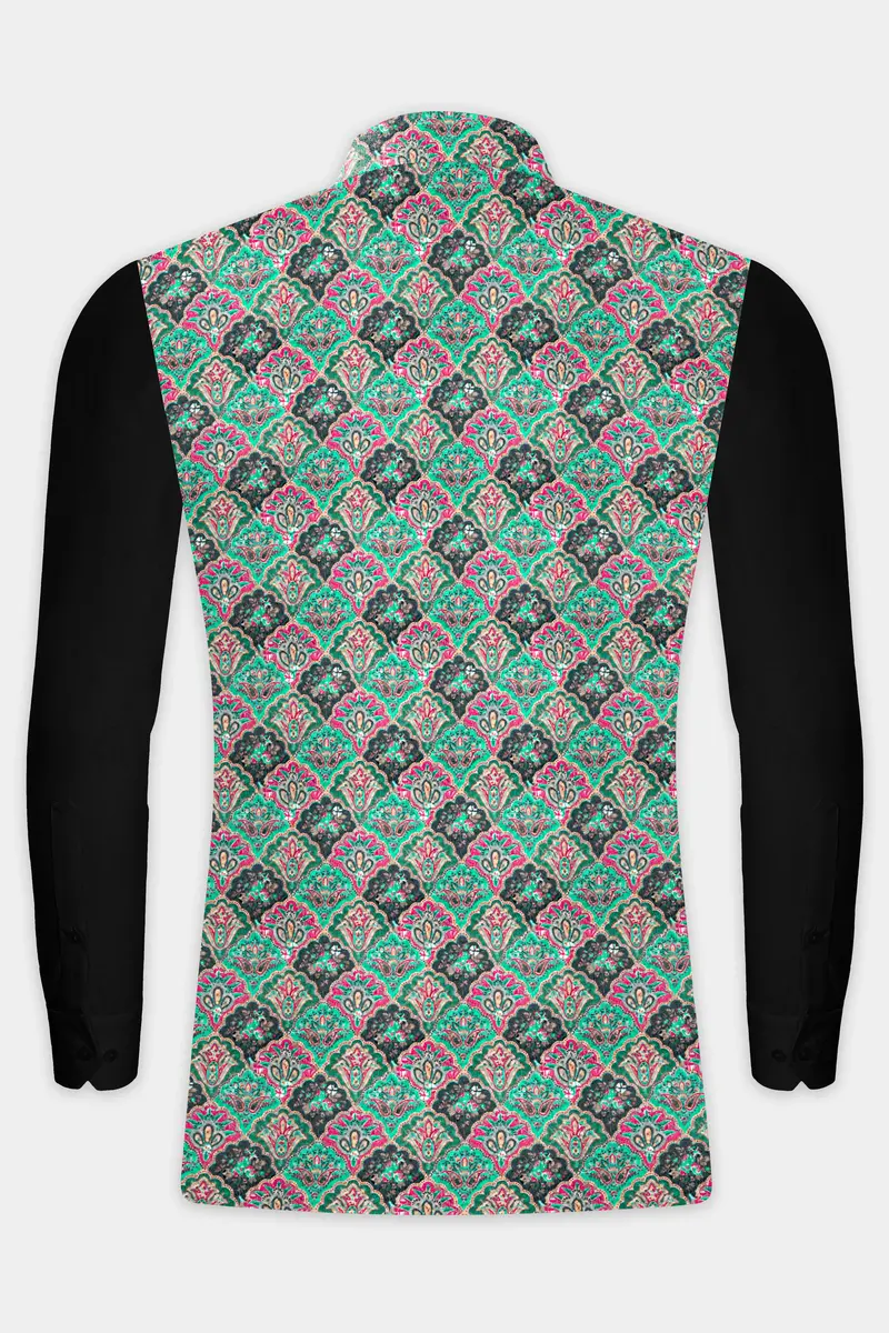 Turquoise Blue And Raspberry Pink Designer Thread Embroidered Nehru Jacket 9