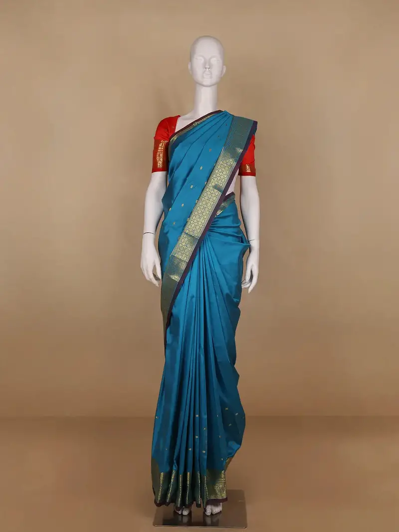 Turquoise Blue Butta Design Zari Weaving Soft Silk Saree 1