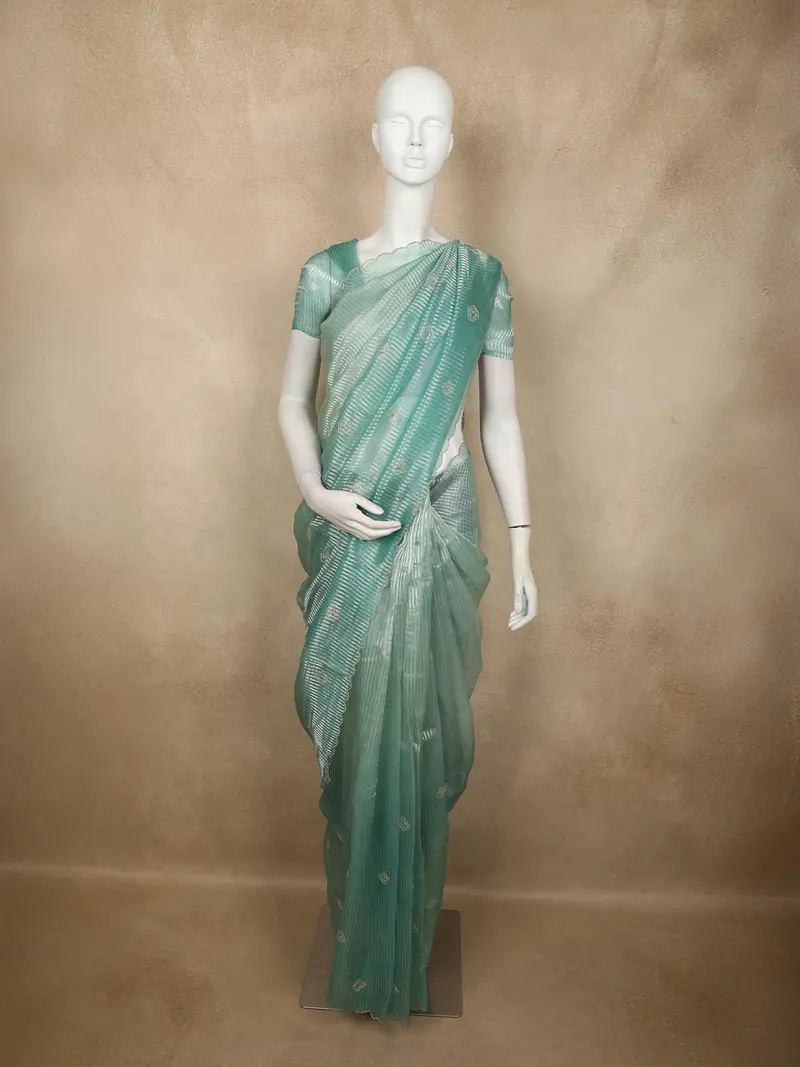 Turquoise Blue Butta Embroidered Design Pure Organza Saree With Scalloped Border 1