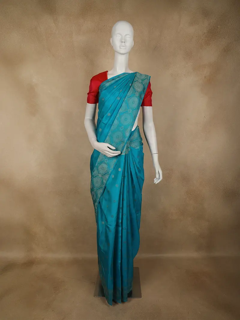 Turquoise Blue Butta Woven Design Pure Kanchipuram Silk Saree With Zari Border 1