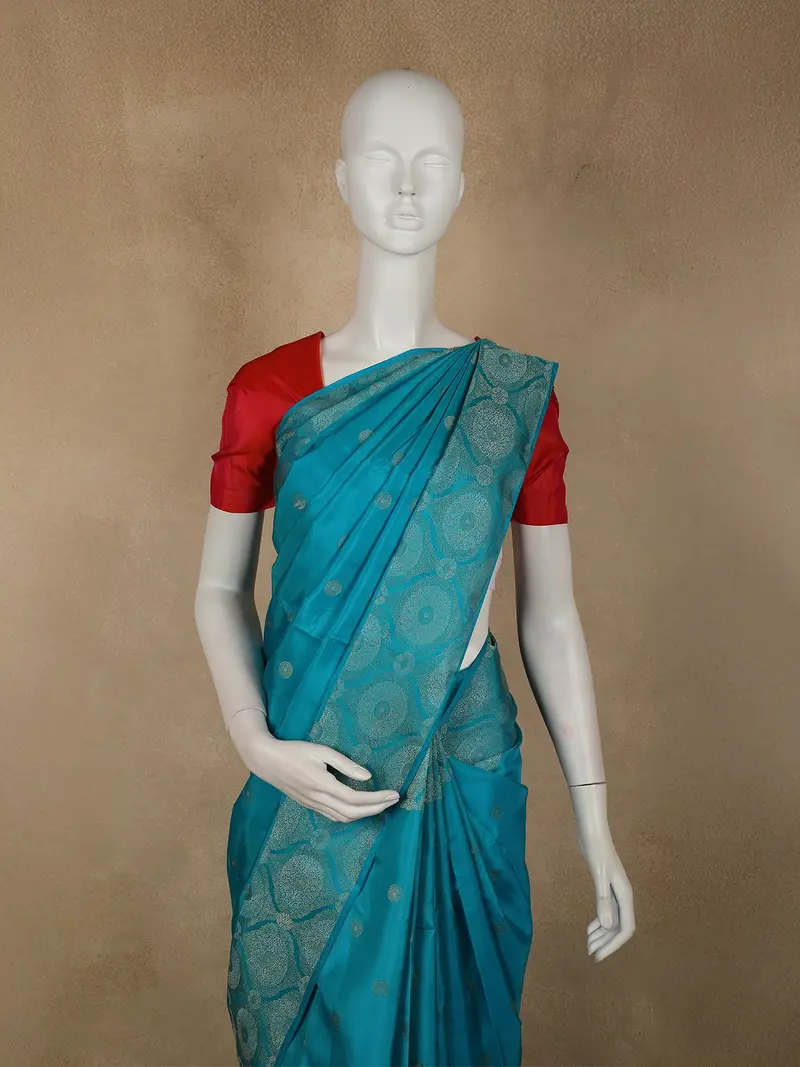 Turquoise Blue Butta Woven Design Pure Kanchipuram Silk Saree With Zari Border 2