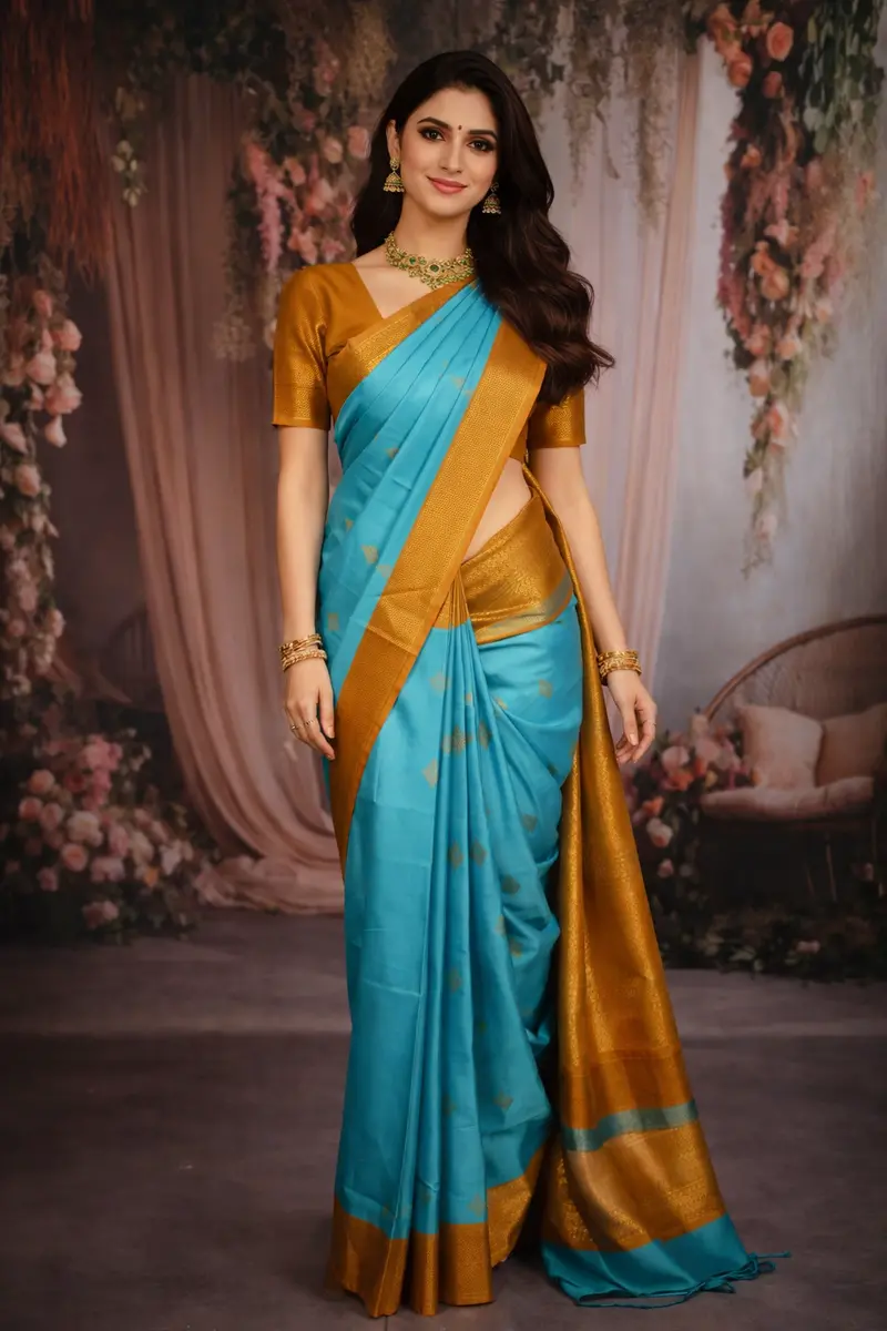 Turquoise Blue Butta Zari Woven Design Pure Kanchipuram Silk Saree With Contrast Zari Border 1
