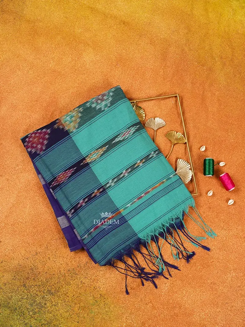 Turquoise Blue Cotton Saree With Geometric Ikat Designs On The Body With Contrast Border 1