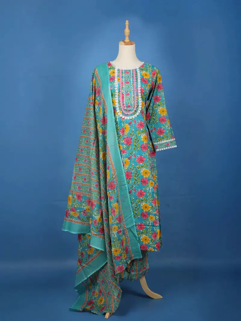 Turquoise Blue Floral Design Printed Cotton Salwar Suit 1