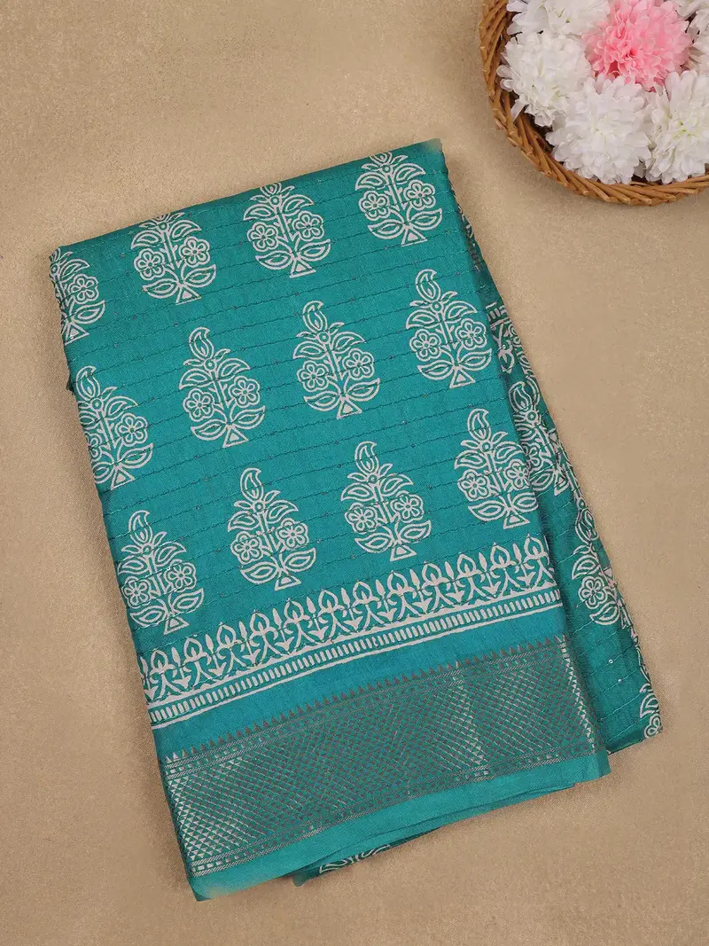 Turquoise Blue Floral Designed Cotton Saree 1