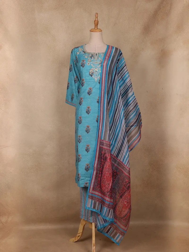 Turquoise Blue Floral Embroidered Cotton Salwar Suit With Striped Dupatta 1