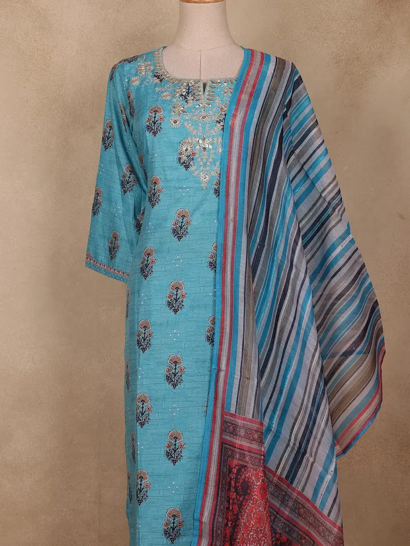 Turquoise Blue Floral Embroidered Cotton Salwar Suit With Striped Dupatta 2