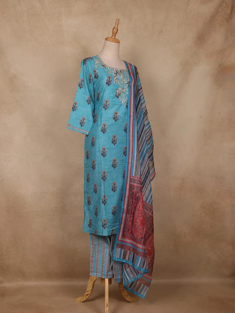 Turquoise Blue Floral Embroidered Cotton Salwar Suit With Striped Dupatta 3