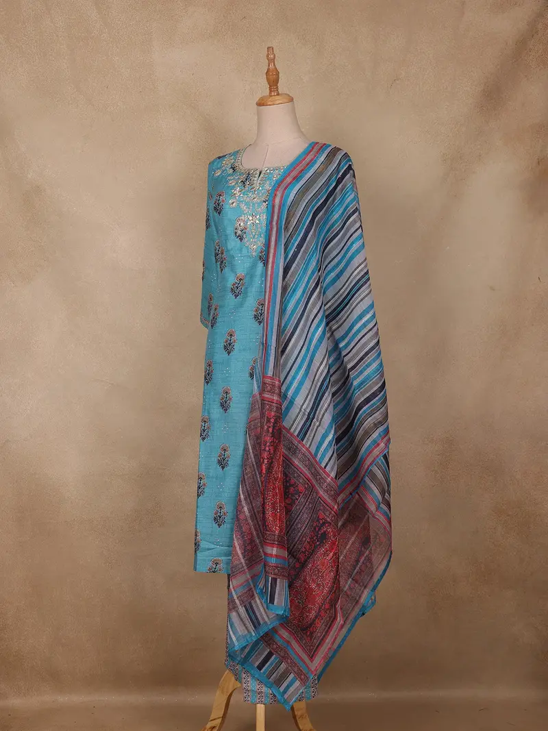 Turquoise Blue Floral Embroidered Cotton Salwar Suit With Striped Dupatta 4