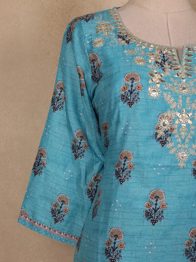 Turquoise Blue Floral Embroidered Cotton Salwar Suit With Striped Dupatta 5