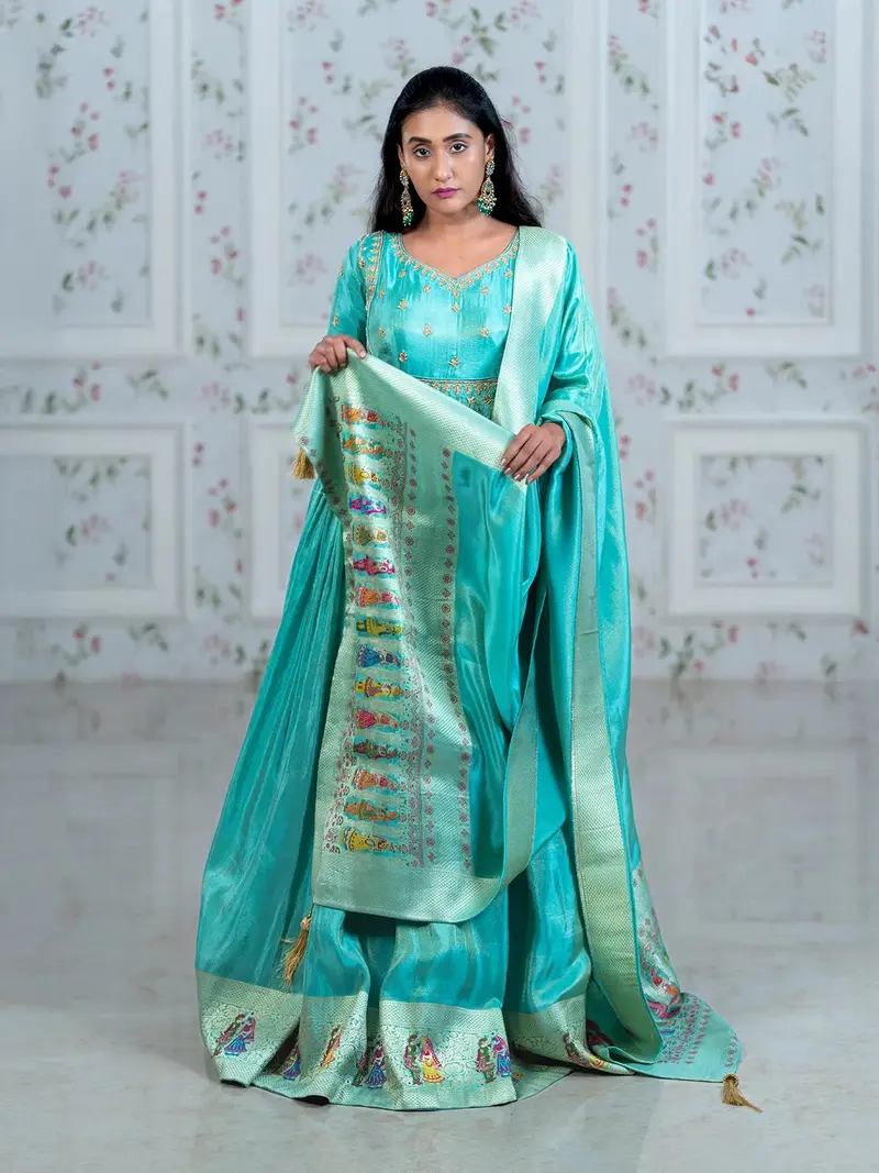Turquoise Blue Floral Embroidery Semi Silk Partywear Gown 1