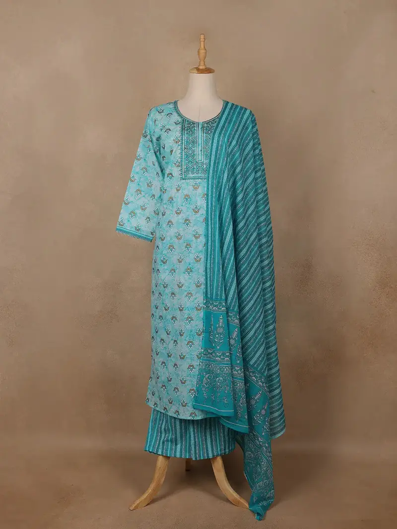 Turquoise Blue Floral Printed Cotton Salwar Suit 1