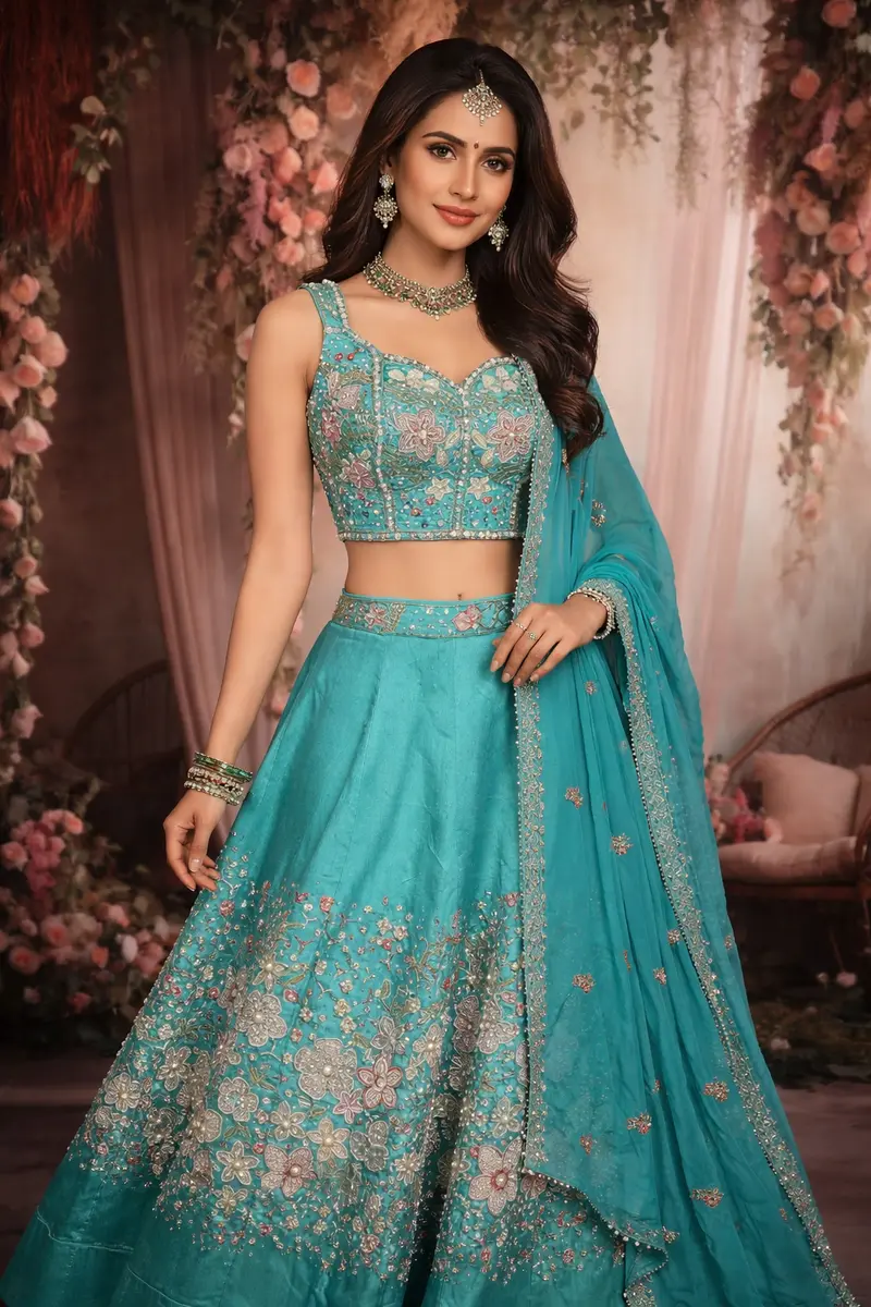 Turquoise Blue Floral Sequins And Beads Embroidered Design Silk Lehenga With Dupatta 1