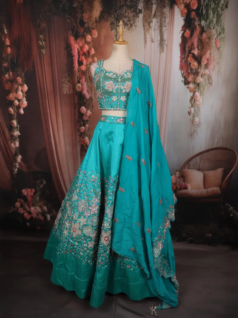 Turquoise Blue Floral Sequins And Beads Embroidered Design Silk Lehenga With Dupatta 2