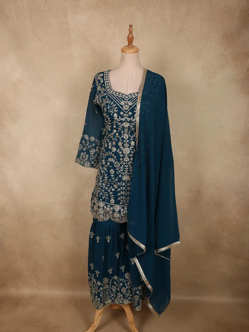 Turquoise Blue Floral Sequins And Zari Embroidered Design Georgette Sharara Suit With Dupatta 1
