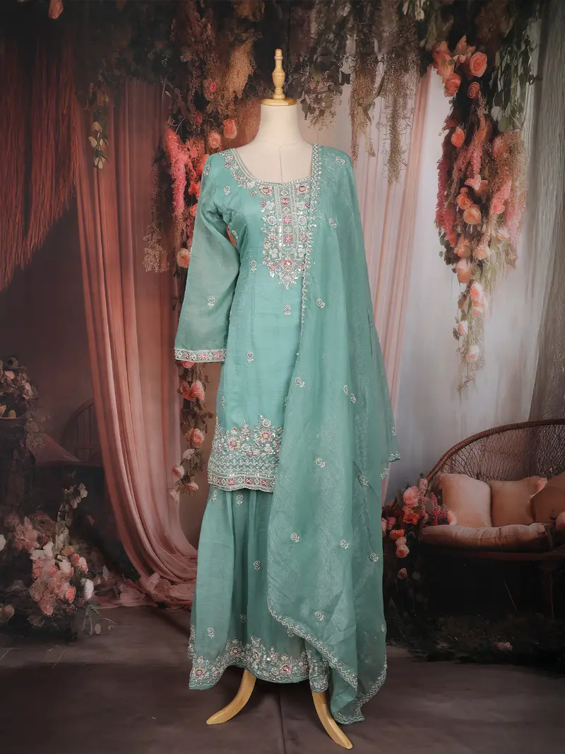Turquoise Blue Floral Sequins Embroidered Tissue Silk Sharara Suit With Dupatta 1