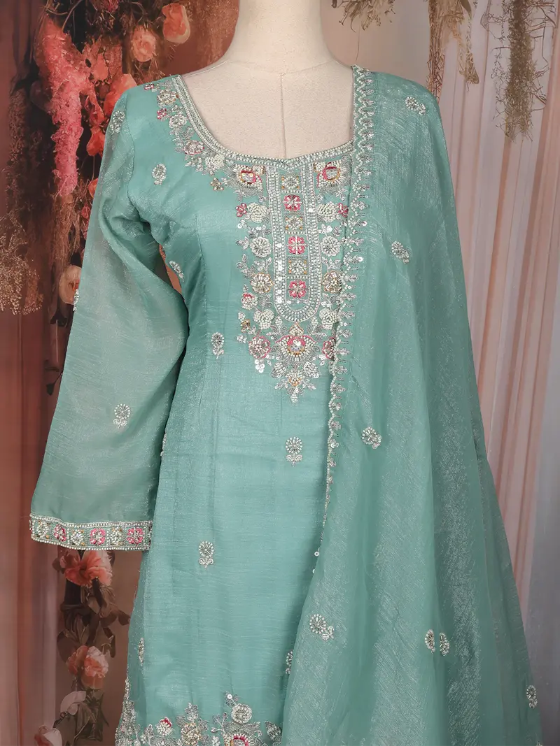 Turquoise Blue Floral Sequins Embroidered Tissue Silk Sharara Suit With Dupatta 2