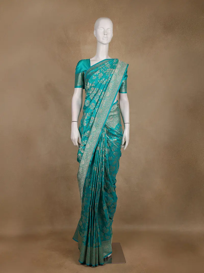Turquoise Blue Floral Woven Banarasi Silk Saree With Zari Border 1
