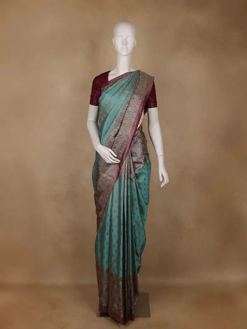 Turquoise Blue Floral Woven Pure Kanchipuram Silk Saree 1