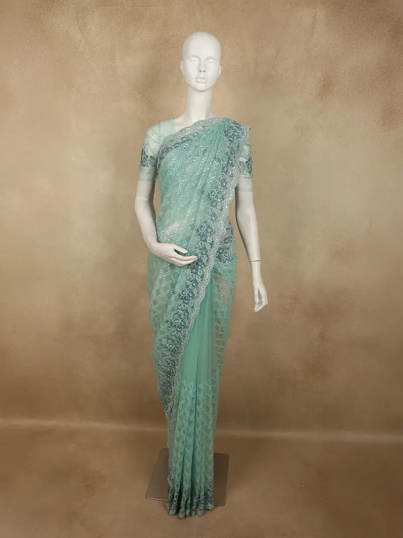 Turquoise Blue Geometric Sequins Embroidered Design Net Designer Saree With Floral Border 1