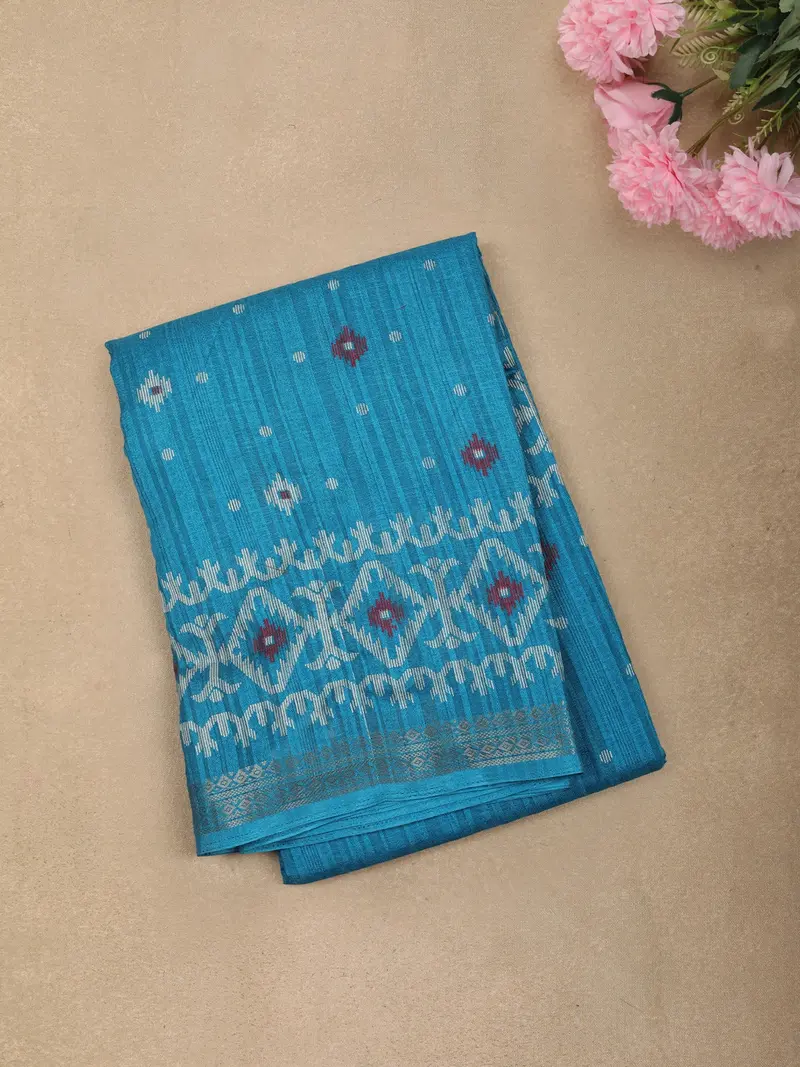 Turquoise Blue Ikat Printed Design Mixed Cotton Casual Wear Saree With Zari Border 1