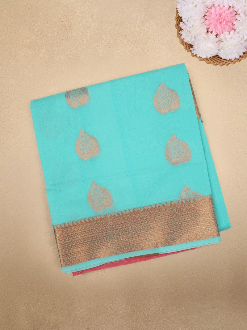 Turquoise Blue Leaf Butta Design Silk Cotton Saree With Contrast Zari Border 1
