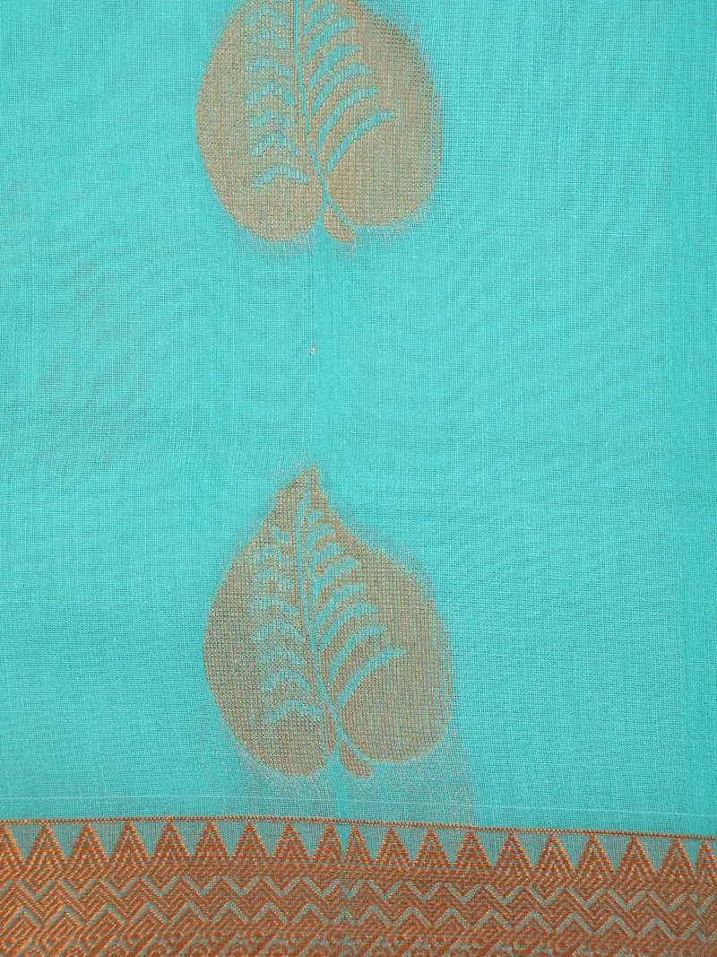 Turquoise Blue Leaf Butta Design Silk Cotton Saree With Contrast Zari Border 2