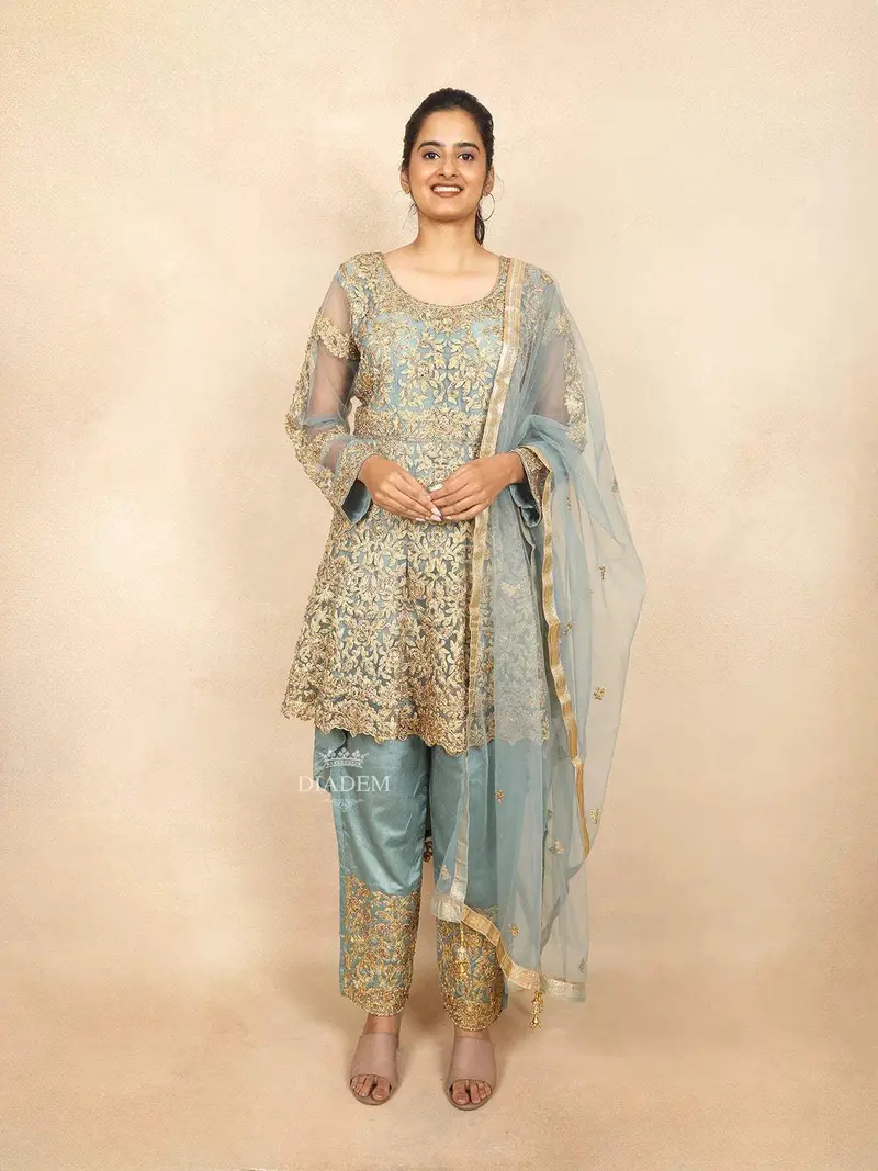 Turquoise Blue Straight Cut Salwar Suit For Women Adorned With Sequins And Floral Design Paired With Dupatta 1