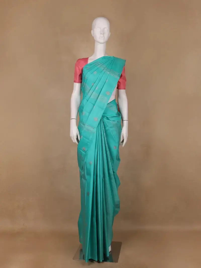 Turquoise Blue Striped Woven Pure Kanchipuram Silk Saree 1